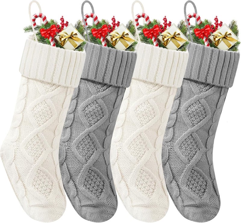 Doitory Store Christmas Stockings 18 Inches,Long Knitted Socks Christmas Decoration Hanging Stocking Fireplace Xmas Tree Stocking for Home Family（2white+2gray） - Image 1
